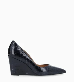 Outlet Escarpin à talon compensé à bout pointu - Francesca 70 - Cuir imprimé crocodile verni - Bleu nuit Escarpins