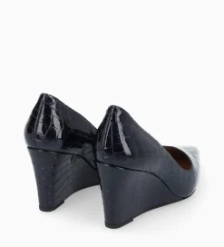 Outlet Escarpin à talon compensé à bout pointu - Francesca 70 - Cuir imprimé crocodile verni - Bleu nuit Escarpins
